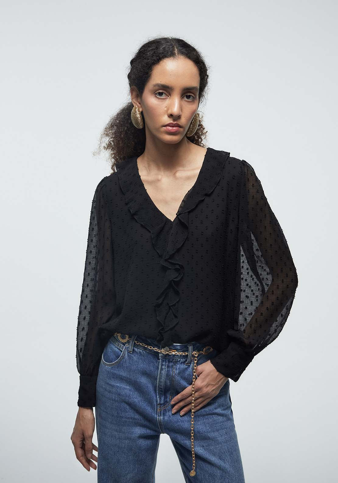 Ruffles Plumetis Blouse - Black