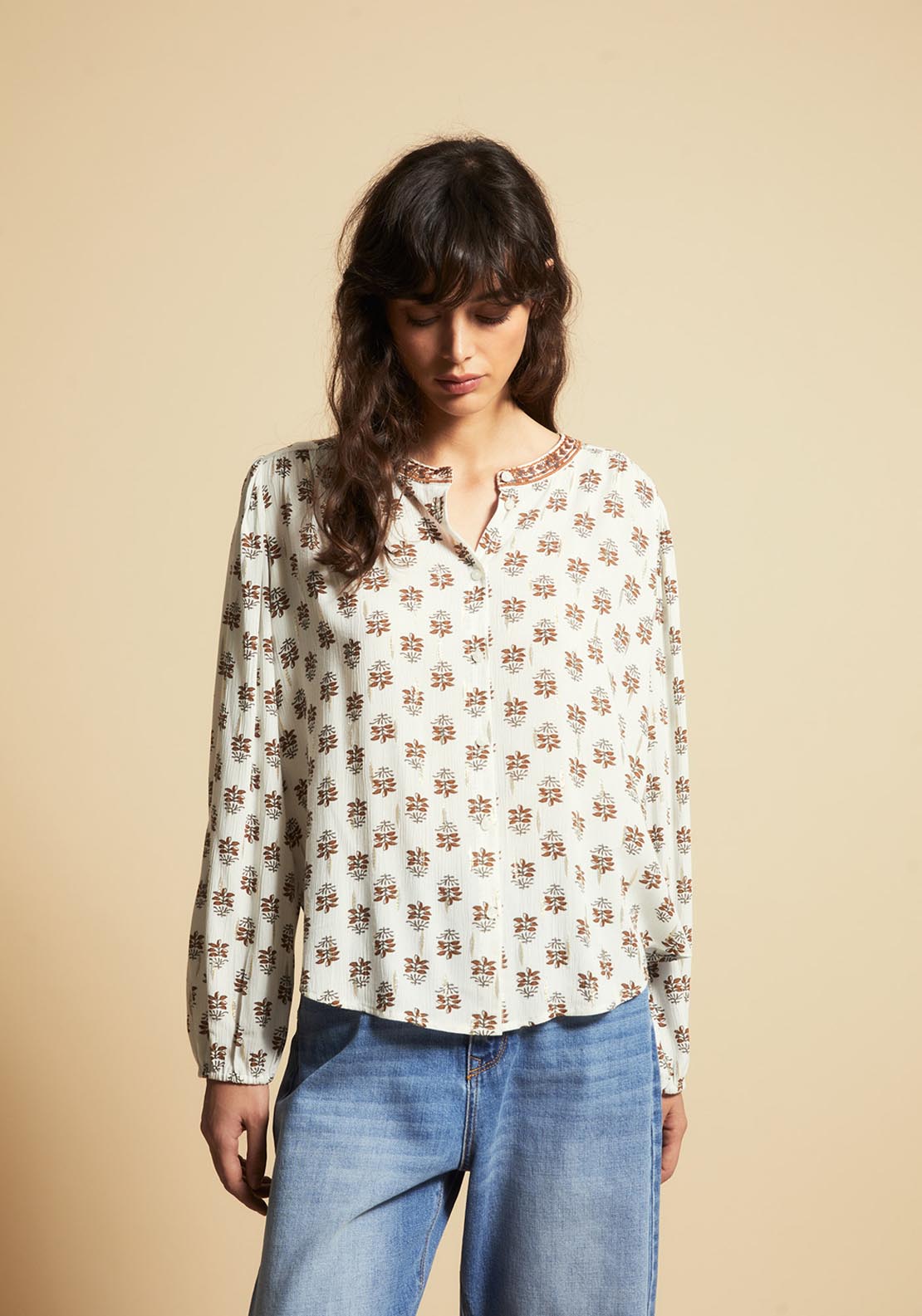 Printed Lurex Blouse - Cream