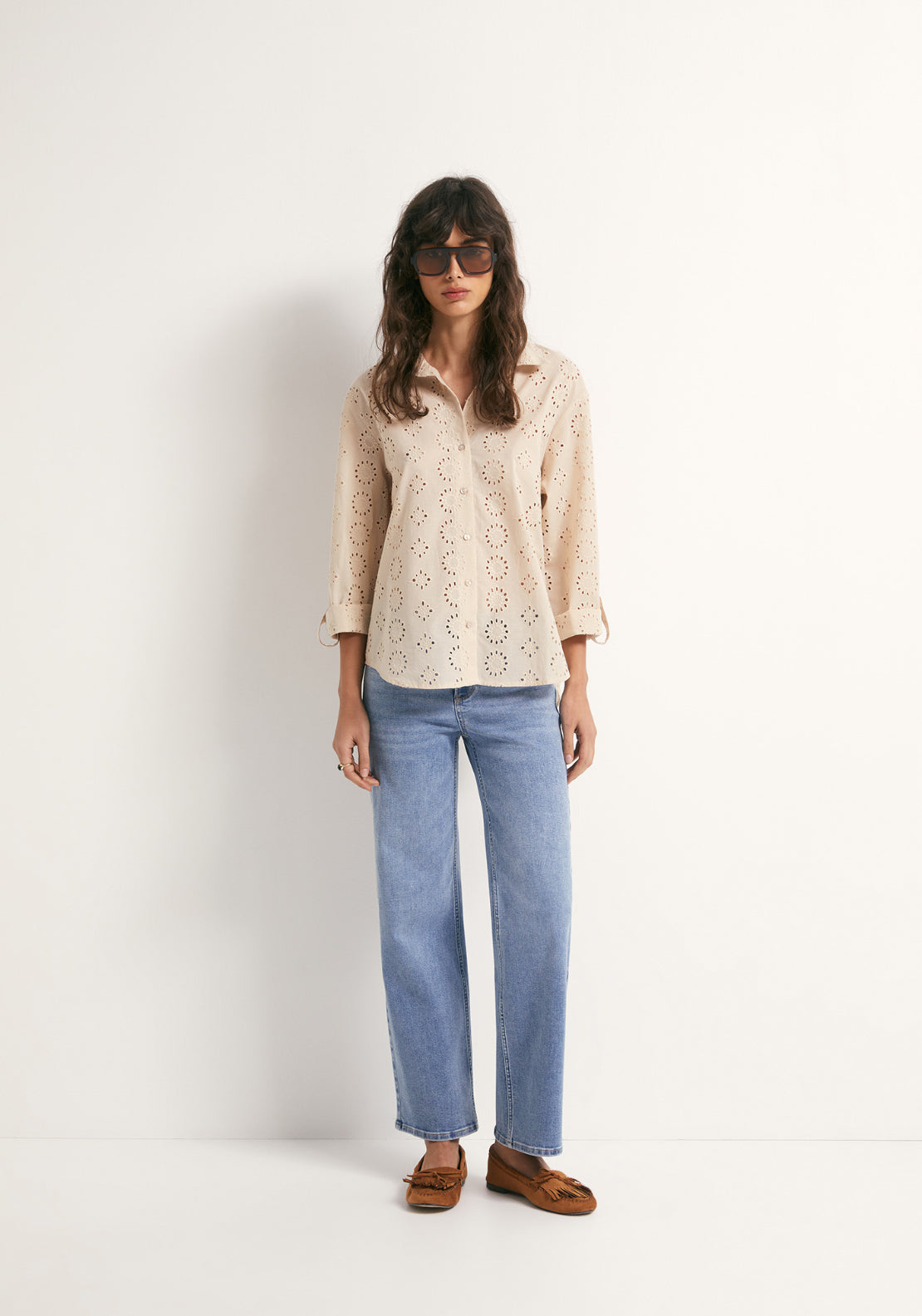 Cotton Schiffli Shirt - Beige