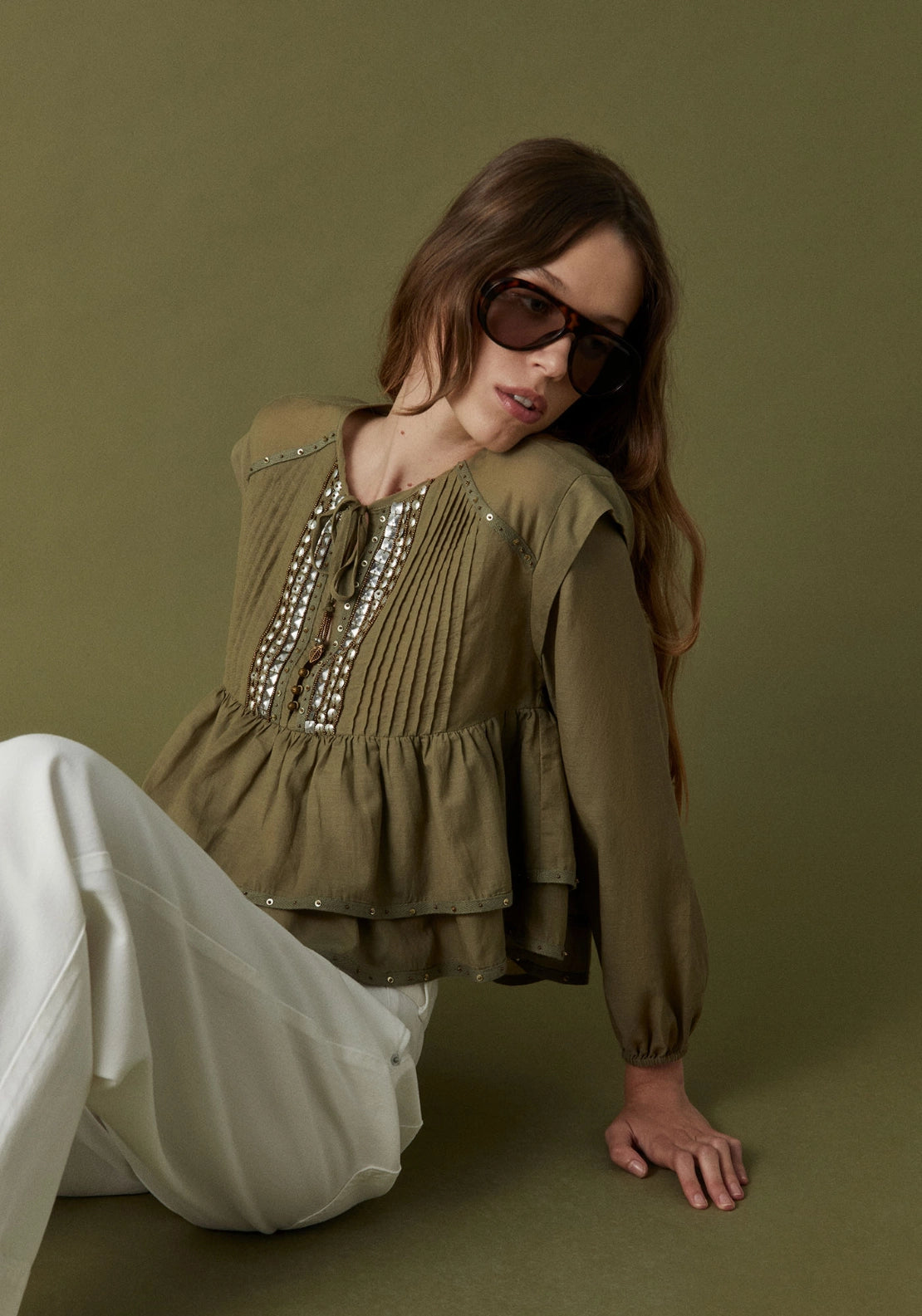 Ruffle Detail V-Neck Top - Beige