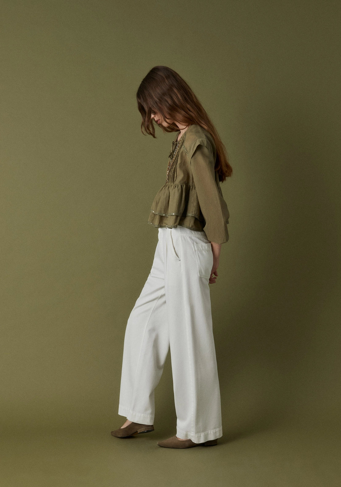 Ruffle Detail V-Neck Top - Beige