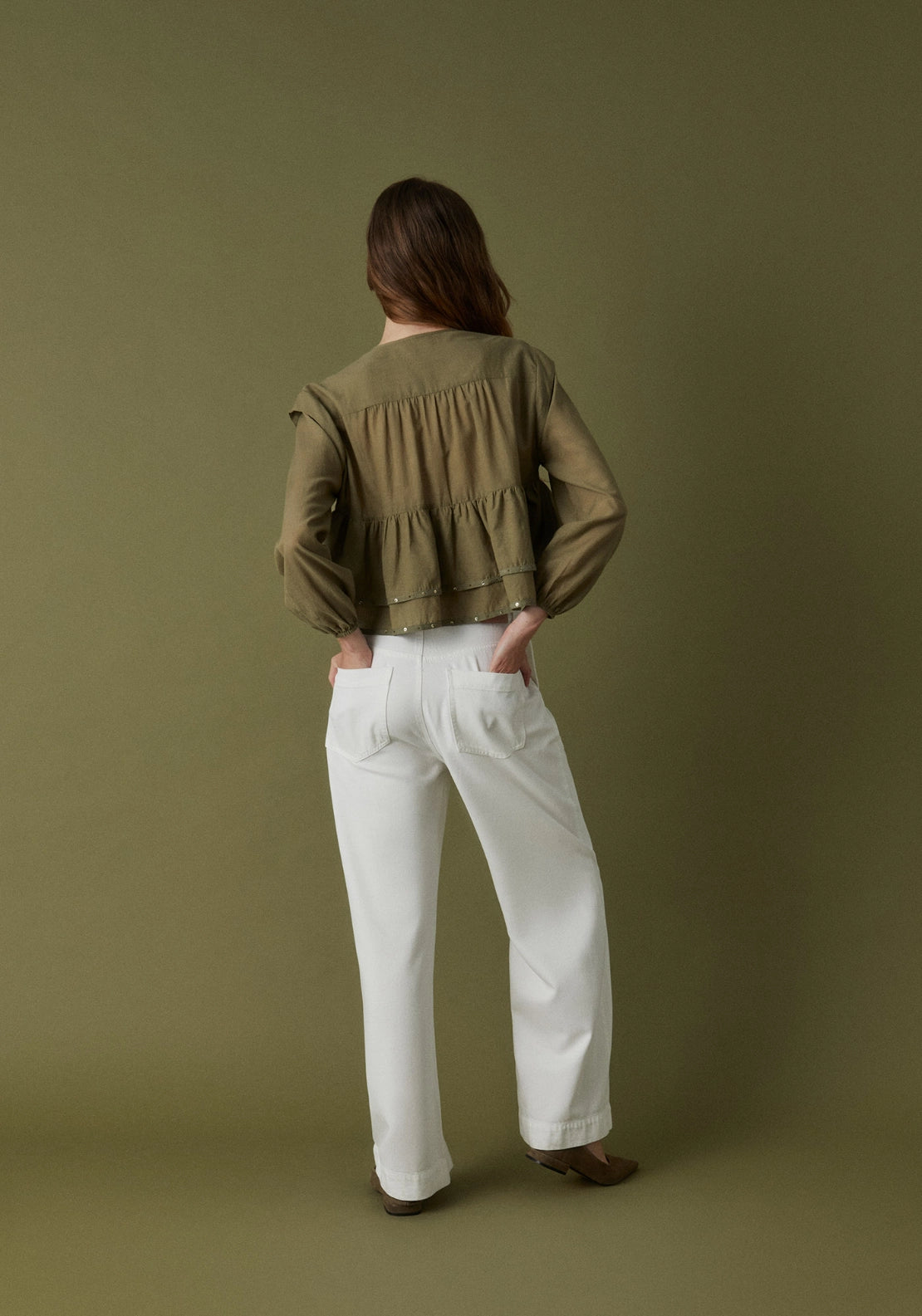 Ruffle Detail V-Neck Top - Beige