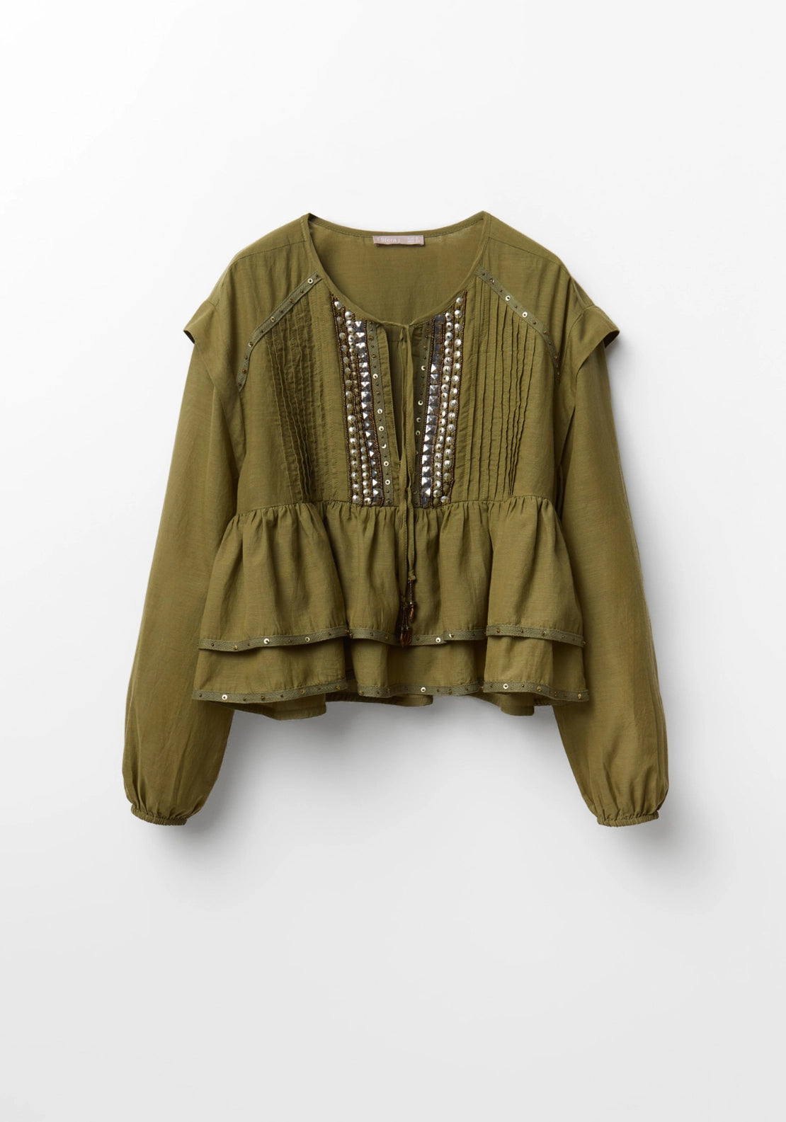 Ruffle Detail V-Neck Top - Beige