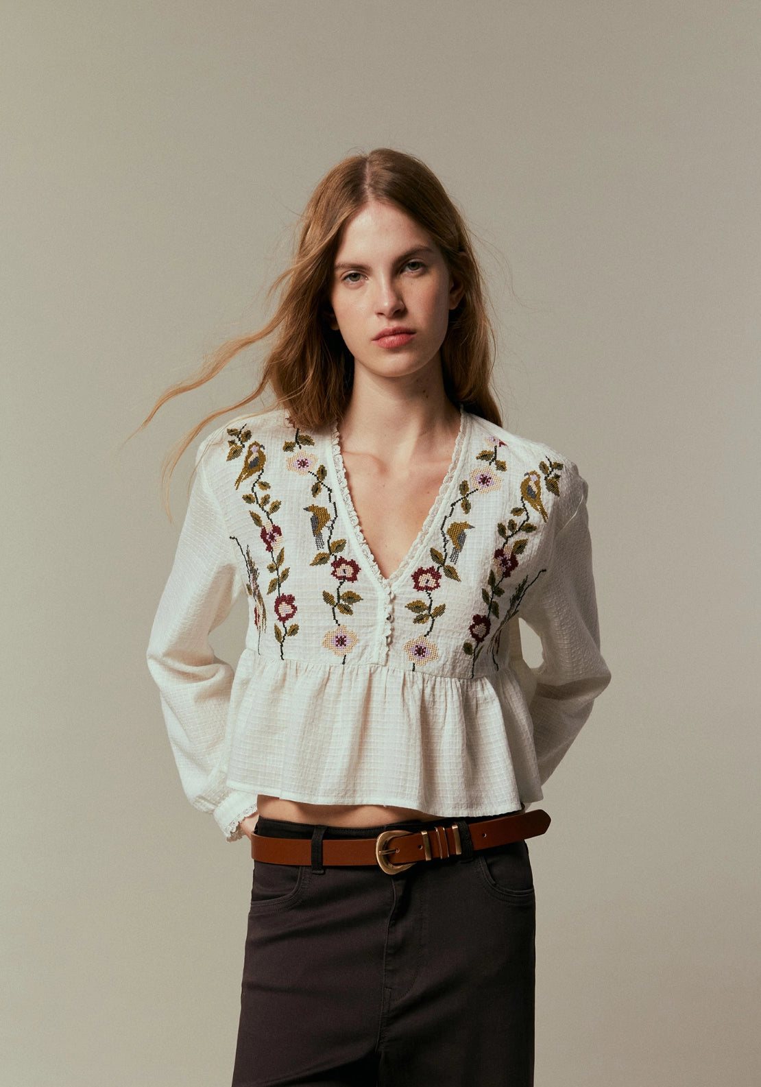 Floral Embroidered Blouse - White