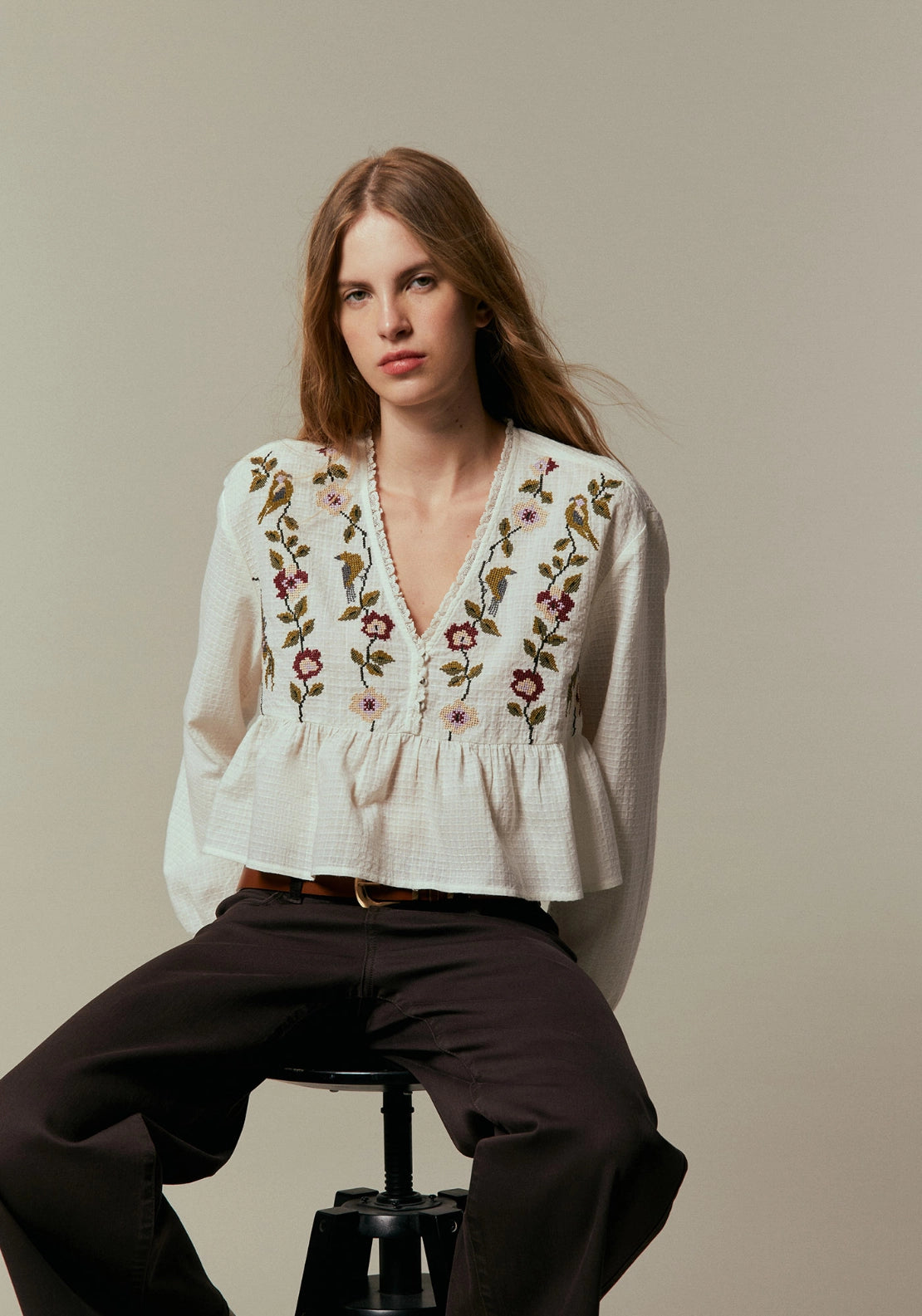 Floral Embroidered Blouse - White