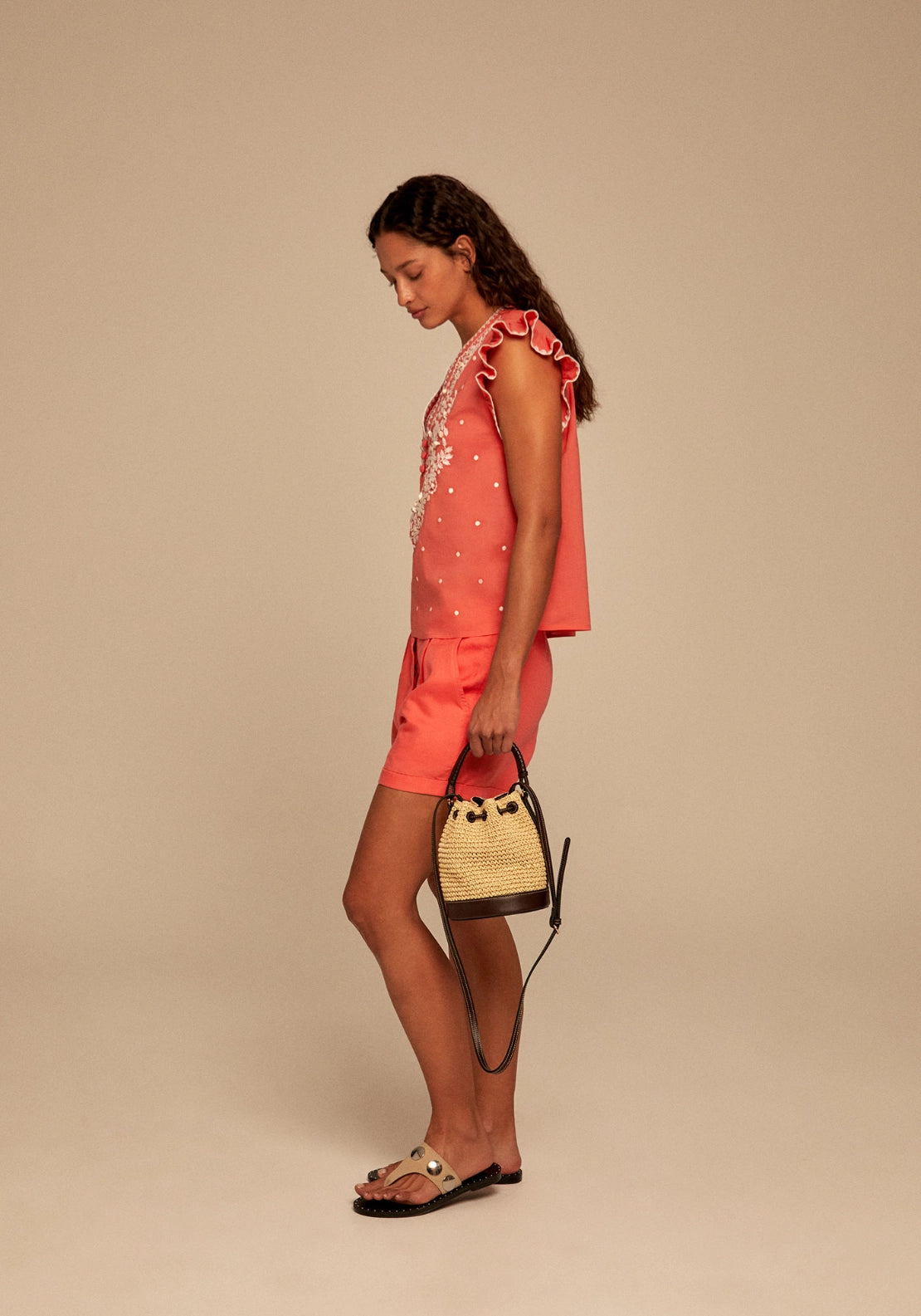 Beaded Contrast Embroidery Blouse - Red