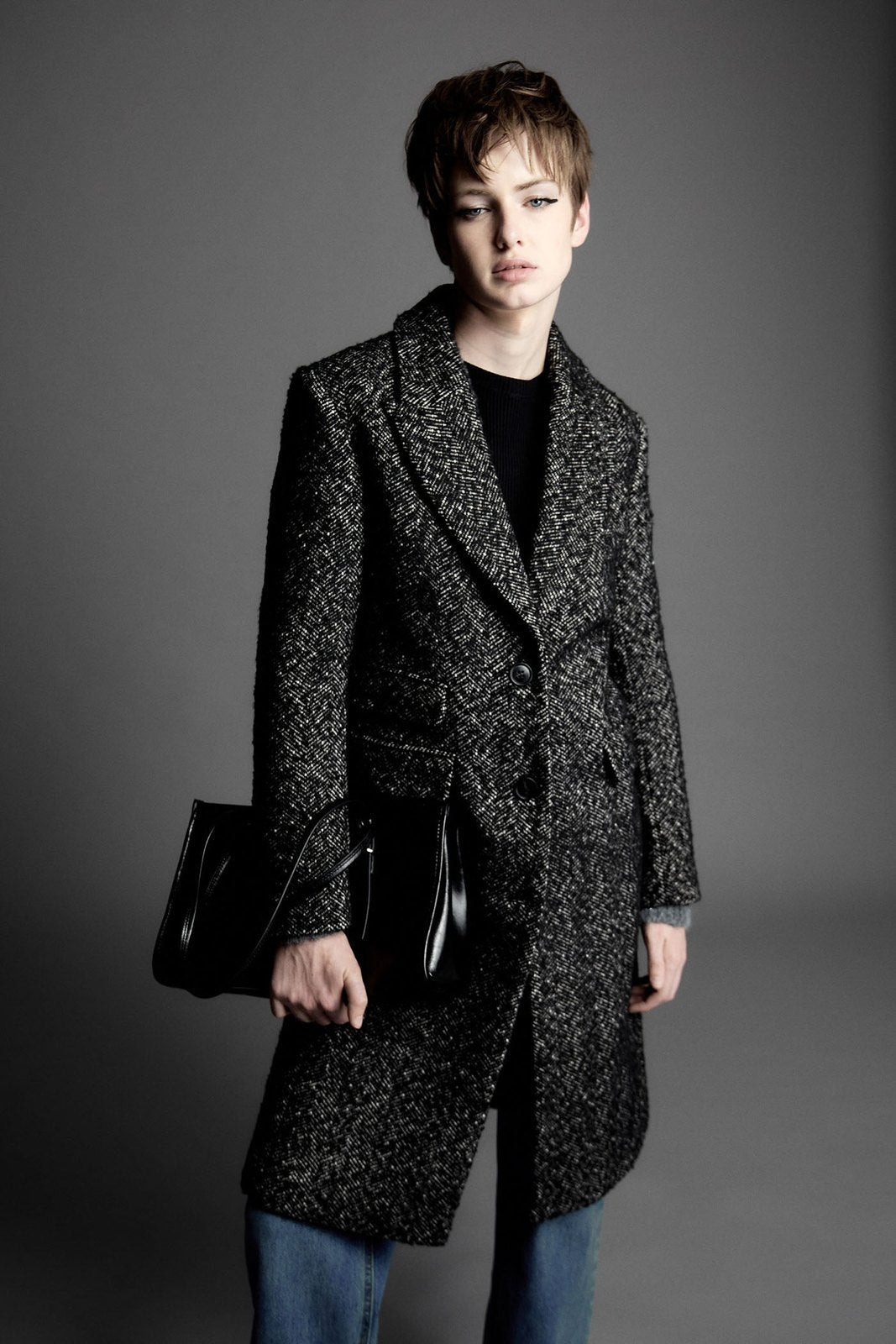 Long Herringbone Coat - Grey