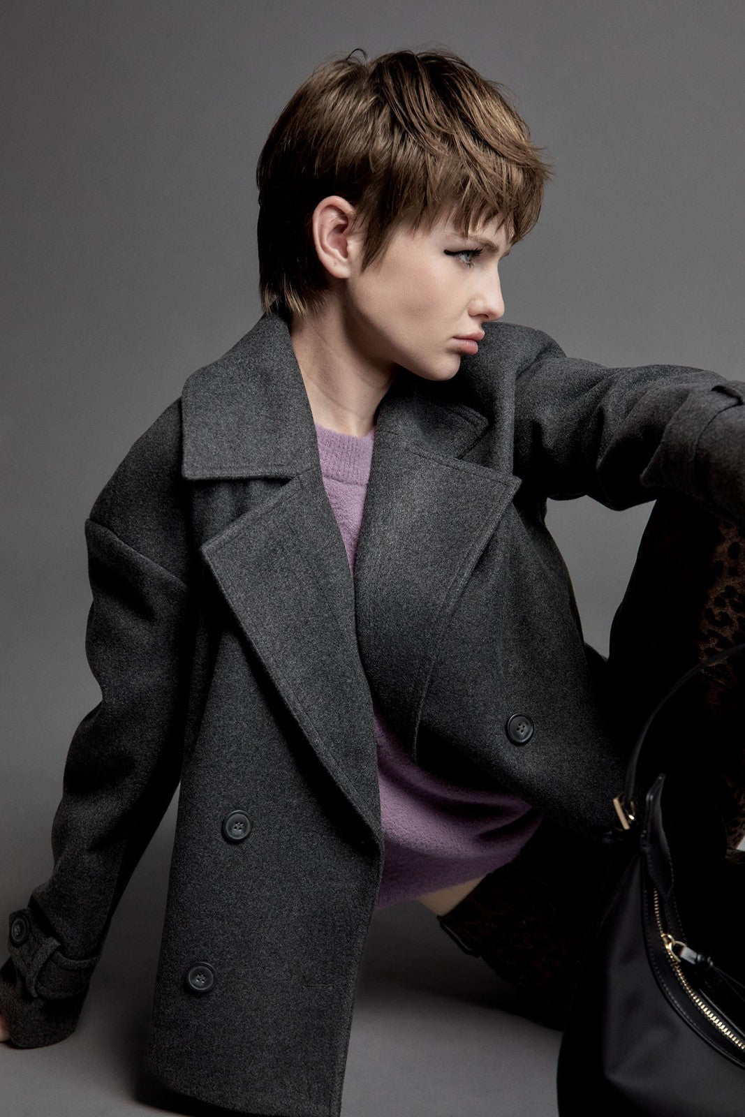 Short Double-Breasted Coat - Grey