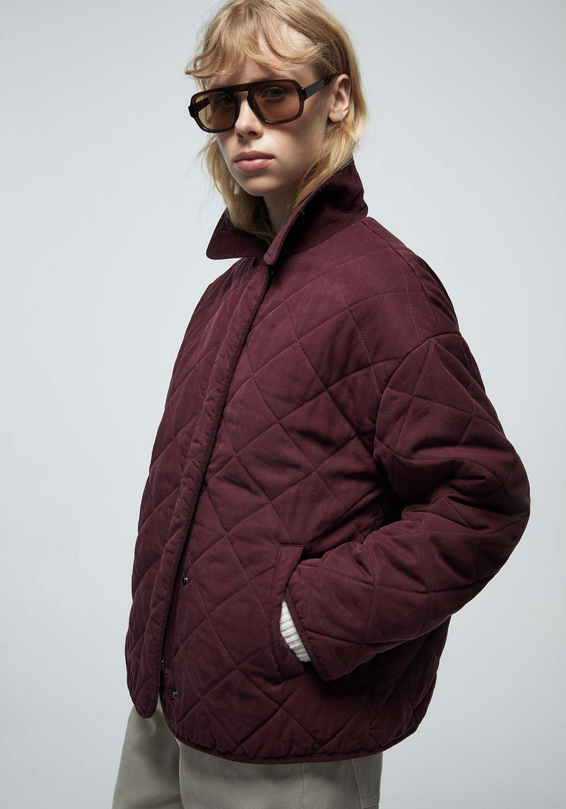 Corduroy Collar Quilted Jacket - Red