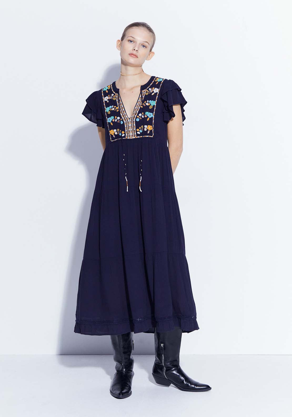Sfera Embroidered front dress - Navy 1 Shaws Department Stores