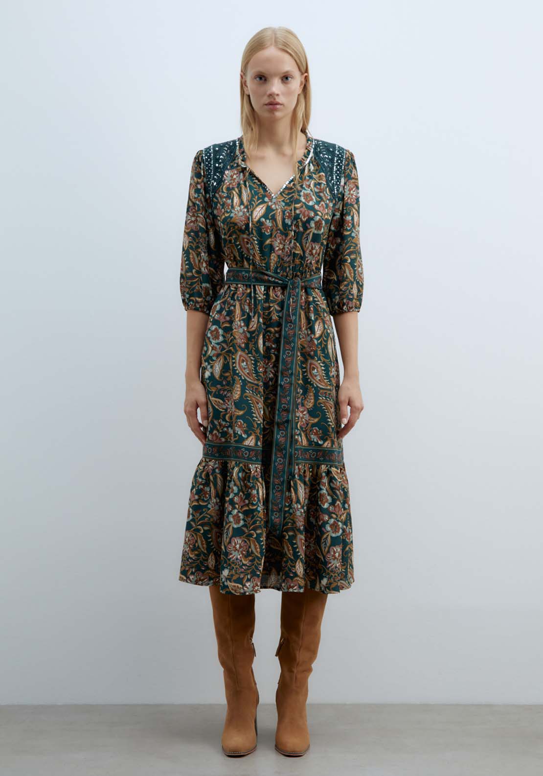 Sfera Shoulder Appliqués Dress - Bottle Green 2 Shaws Department Stores