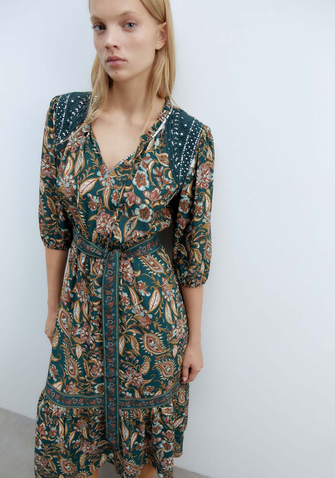 Sfera Shoulder Appliqués Dress - Bottle Green 1 Shaws Department Stores