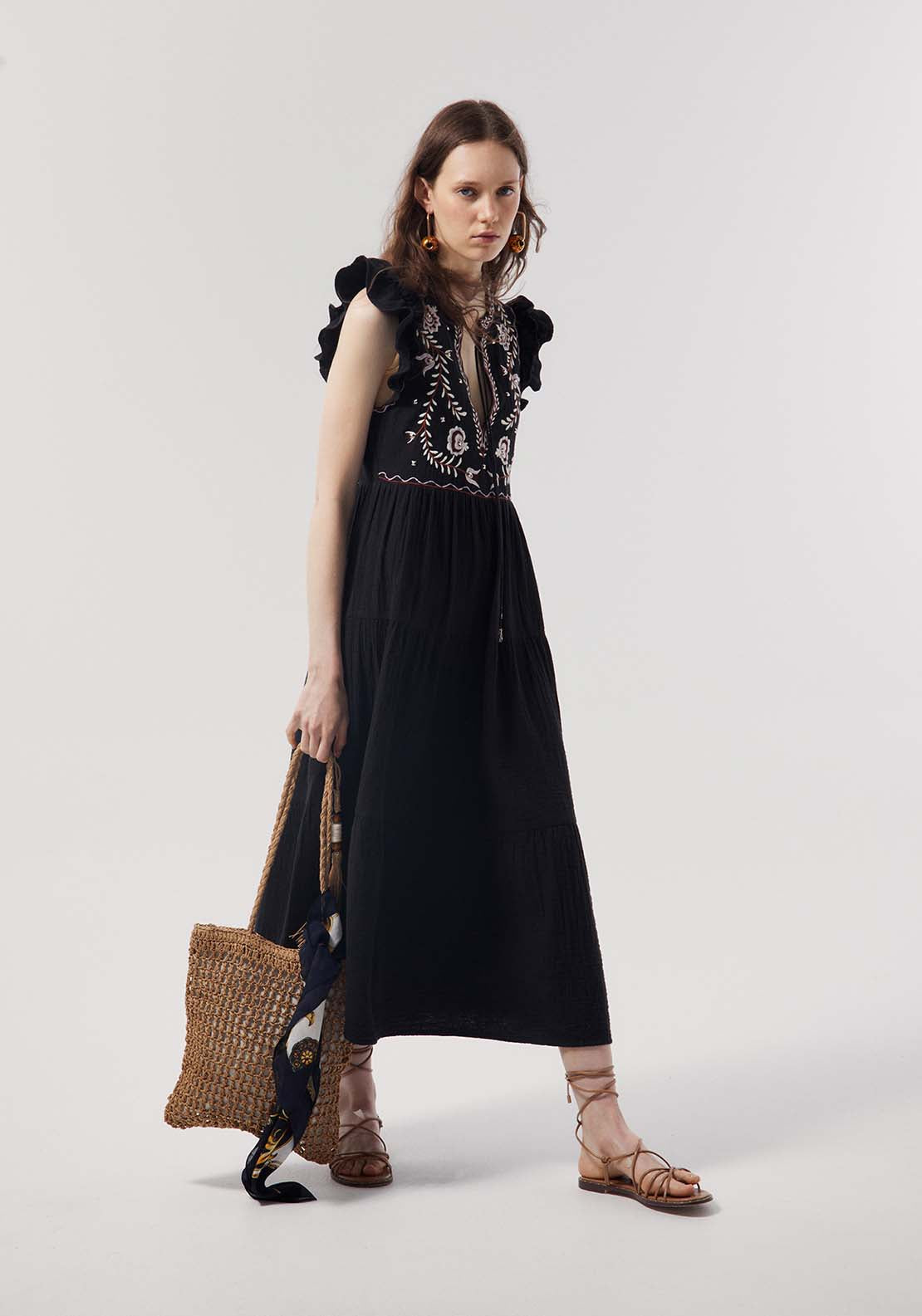 Embroidered Chest Dress - Black