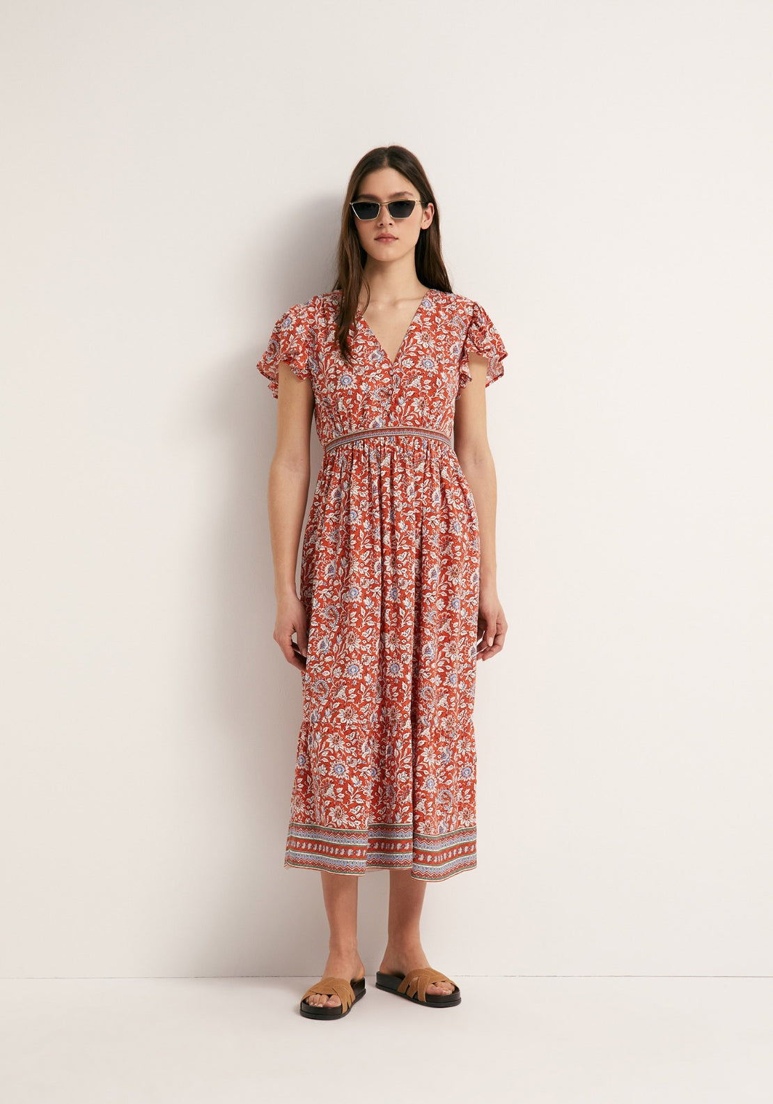 Shirt Style Midi Dress - Red