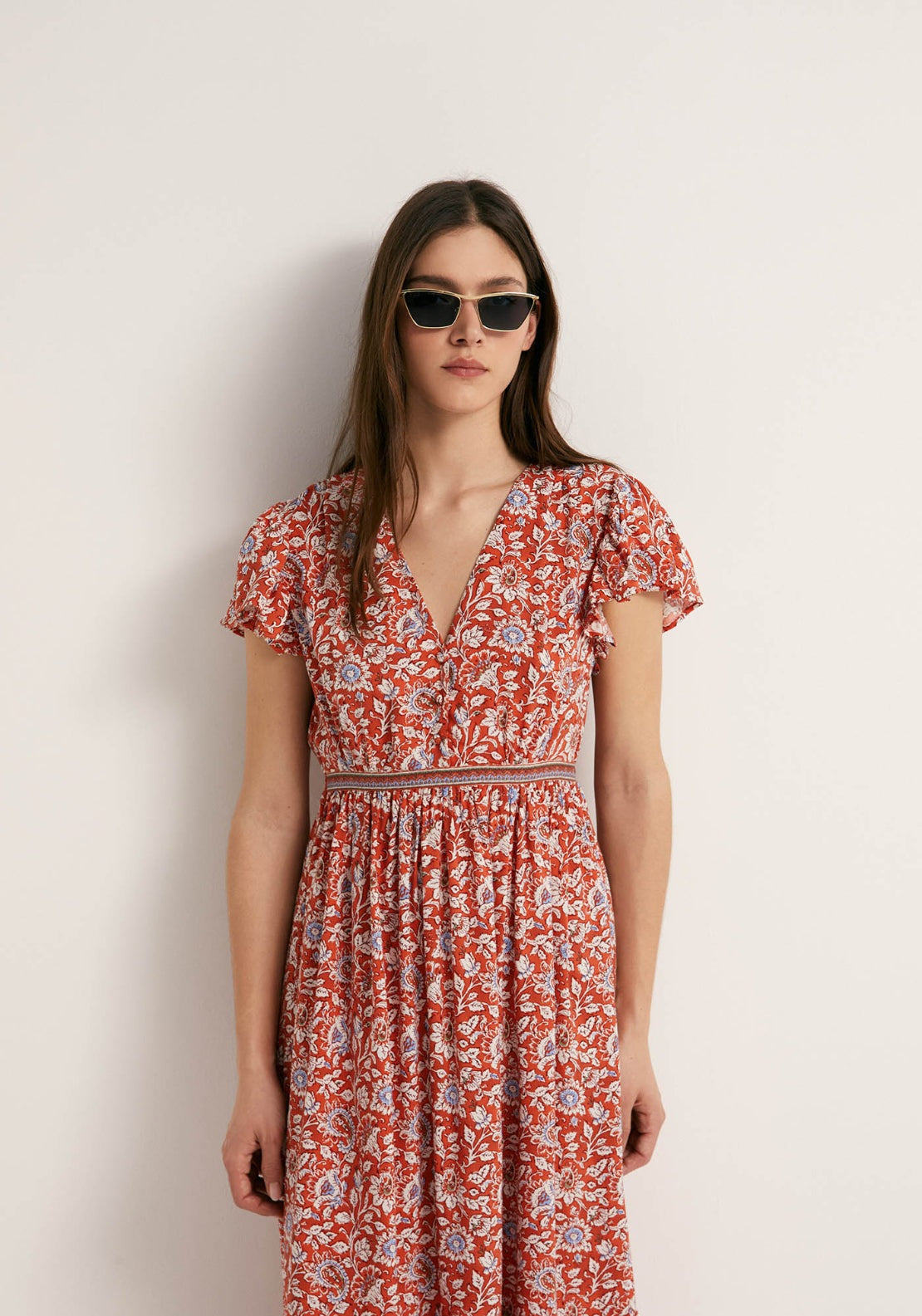 Shirt Style Midi Dress - Red