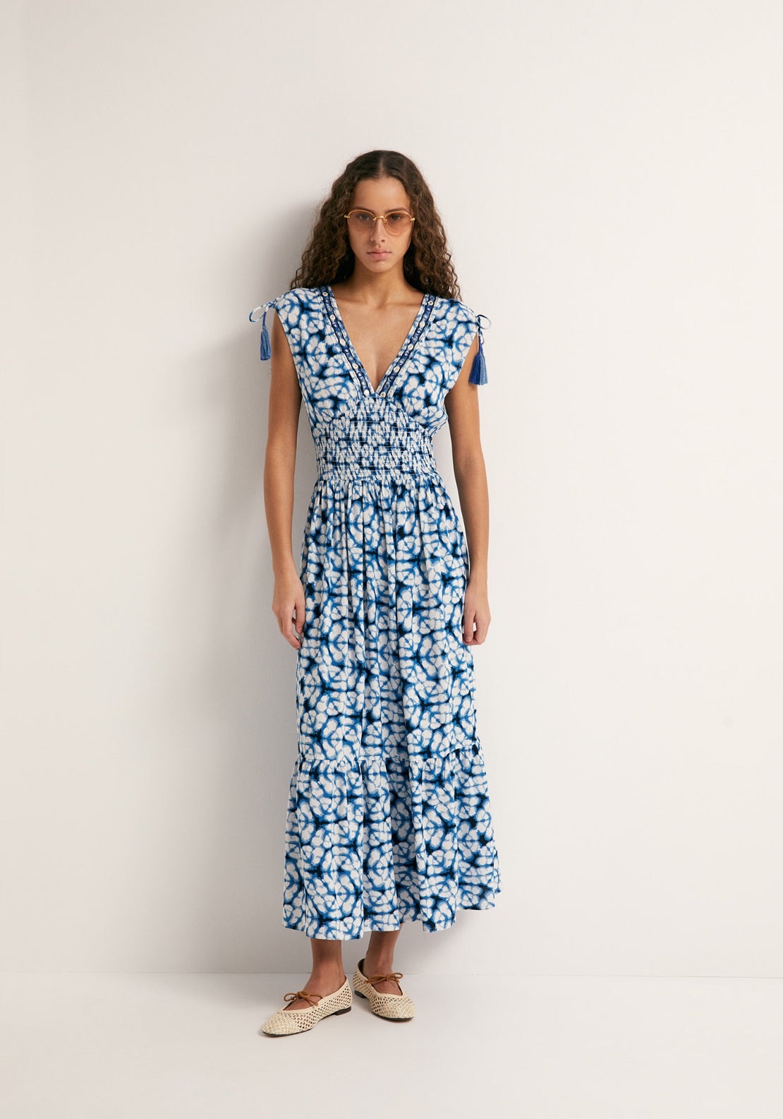 Ruffled Mirror Embroidery Dress - Blue