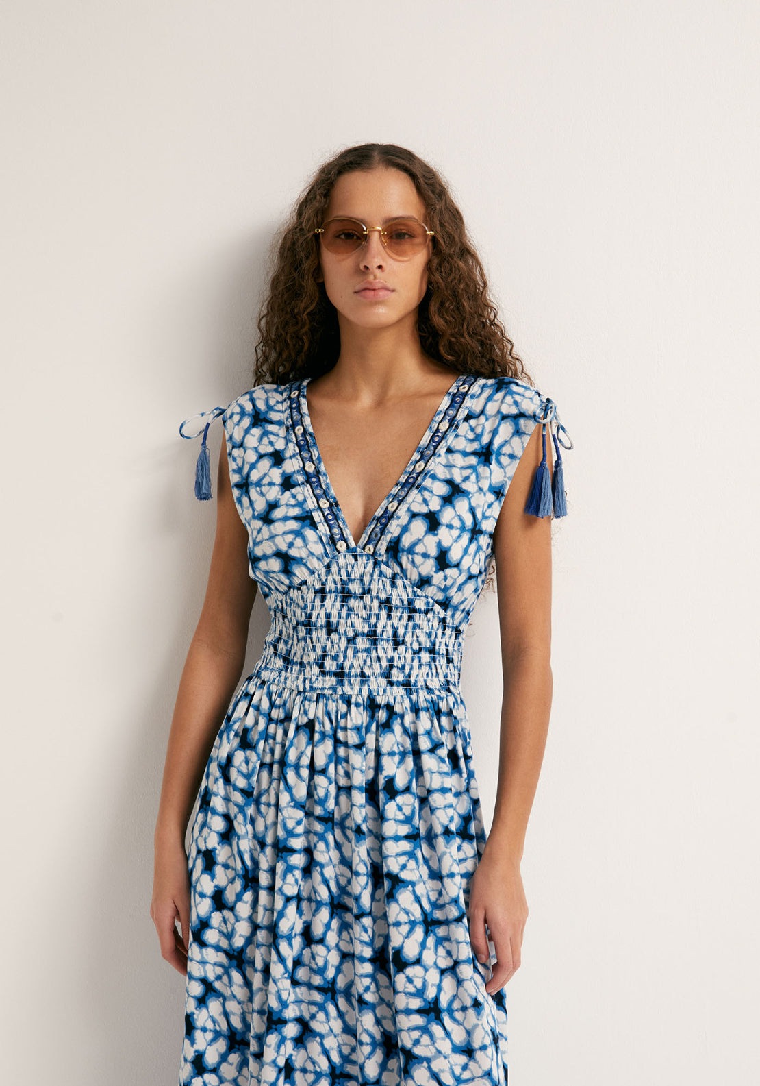 Ruffled Mirror Embroidery Dress - Blue