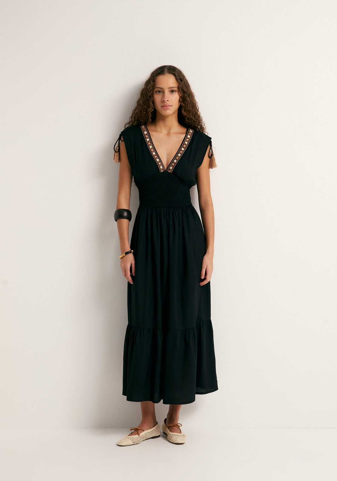 Ruffled Mirror Embroidery Dress - Black
