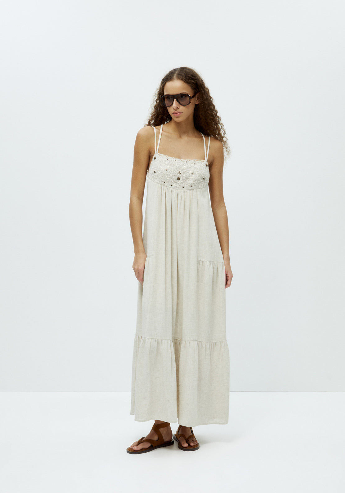Chest Embroidery Dress - Beige