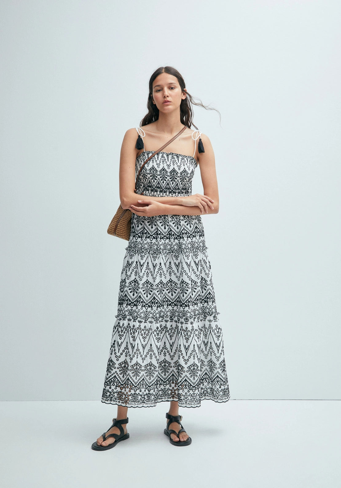 Contrast Schiffli Dress - White &amp; Black