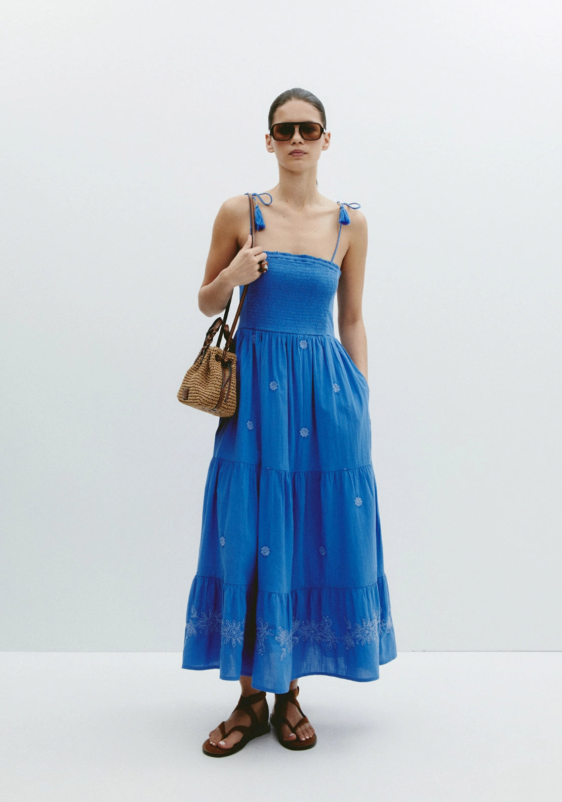 Embroidered Shirred Dress - Blue