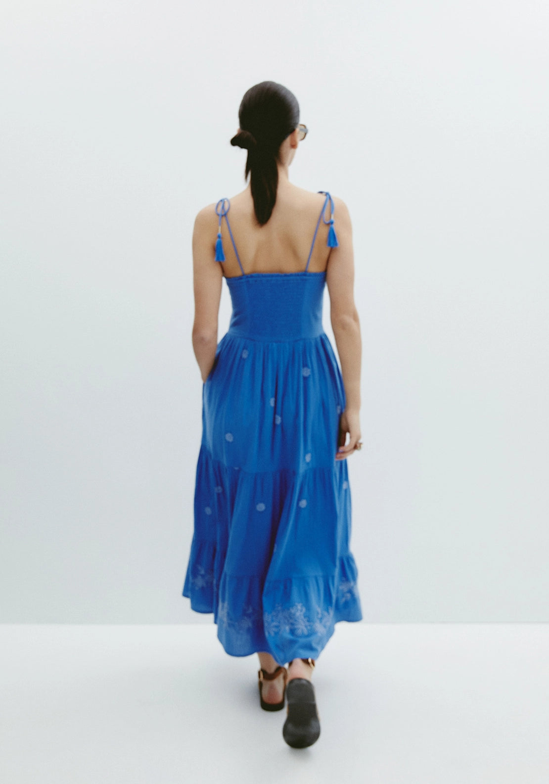 Embroidered Shirred Dress - Blue