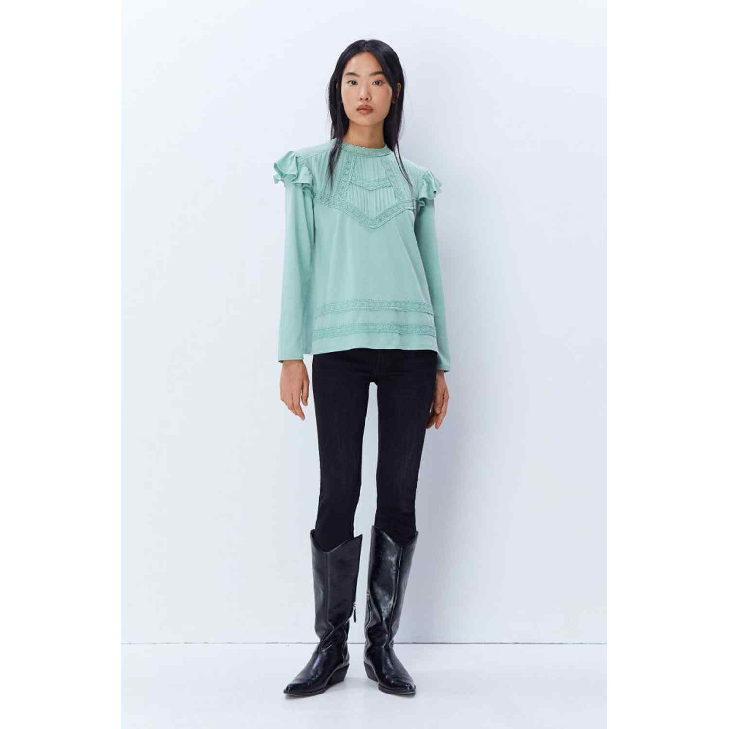 Sfera Long Sleeve Romantic Top - Green 2 Shaws Department Stores