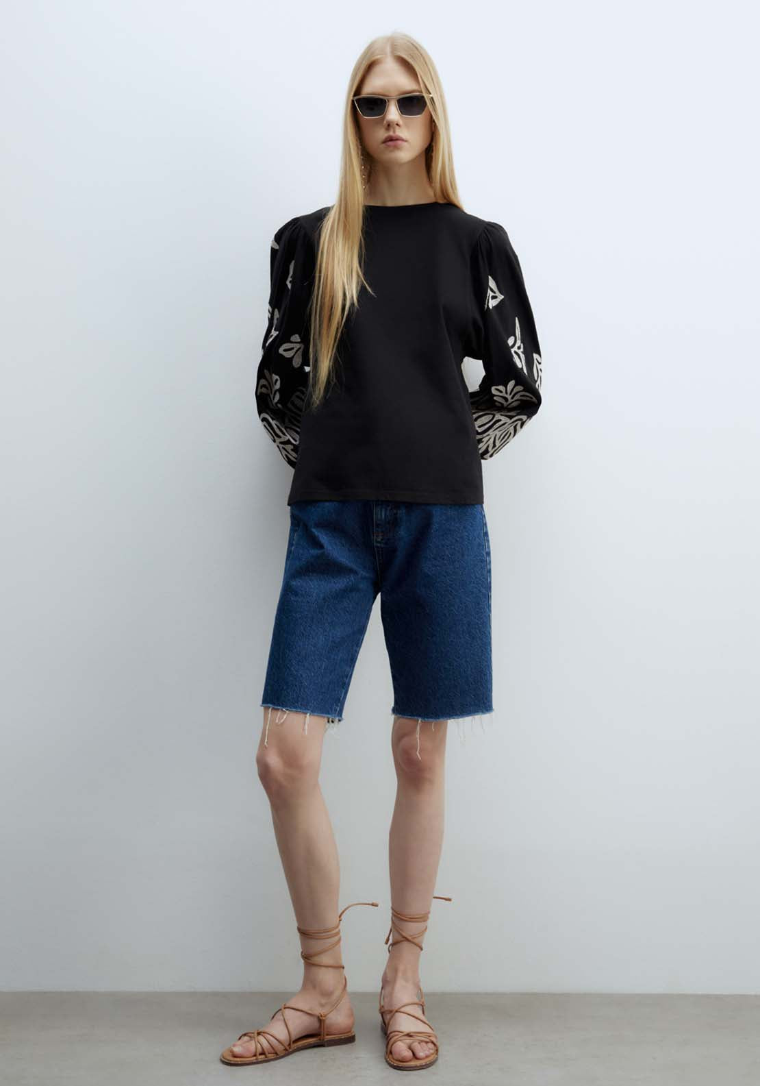 Sfera Embroidered Sleeve Blouse - Black 4 Shaws Department Stores