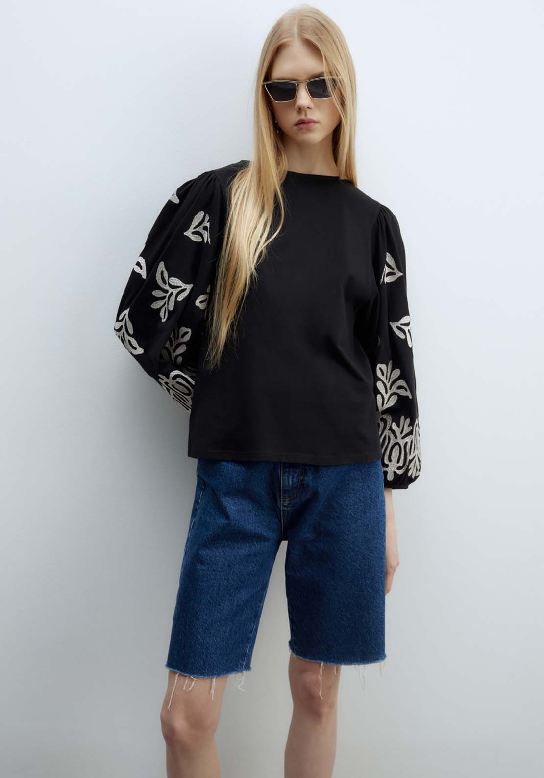 Sfera Embroidered Sleeve Blouse - Black 1 Shaws Department Stores