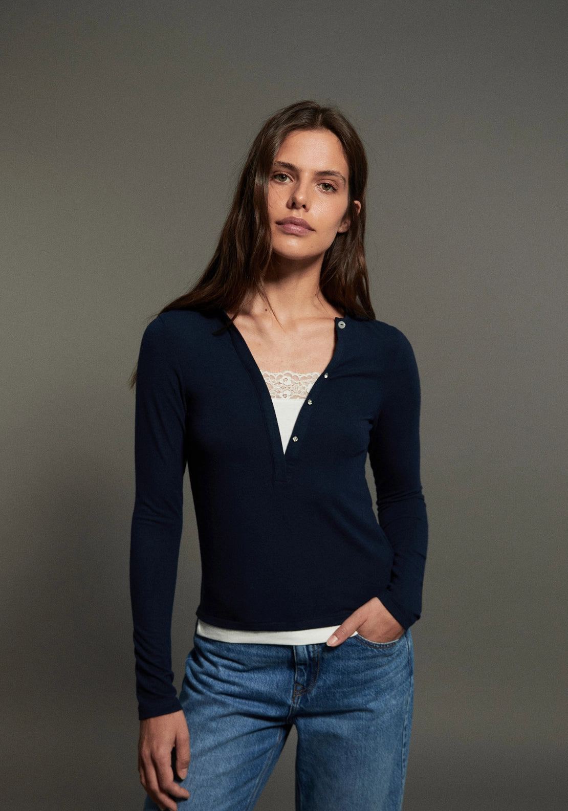 Lace Detail Long Sleeve T-Shirt - Blue
