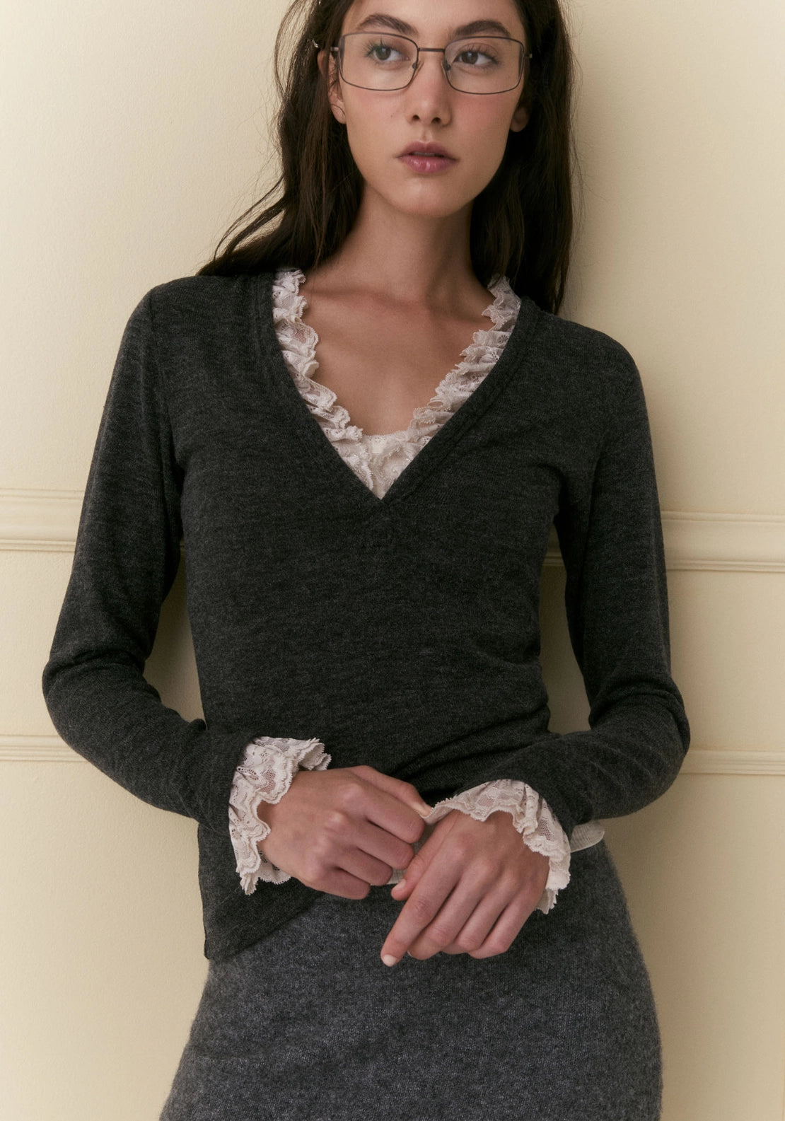 Lace Trim Long Sleeve Top - Grey