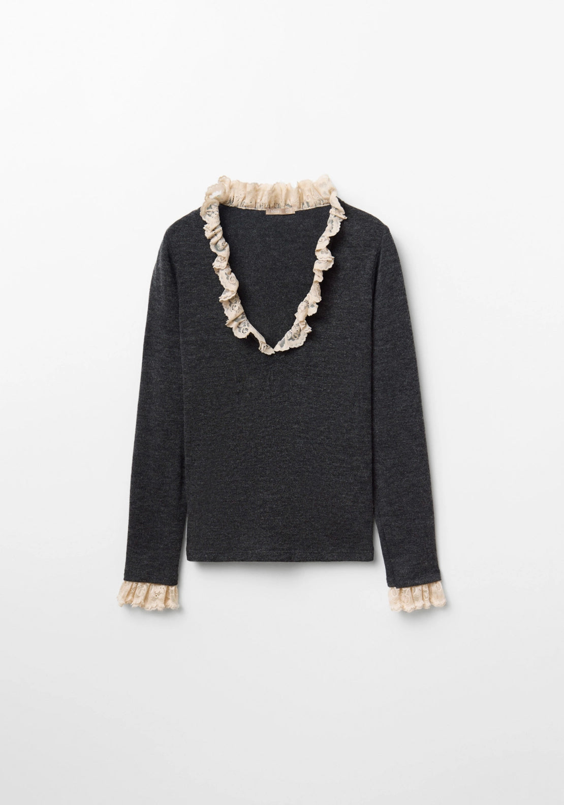 Lace Trim Long Sleeve Top - Grey