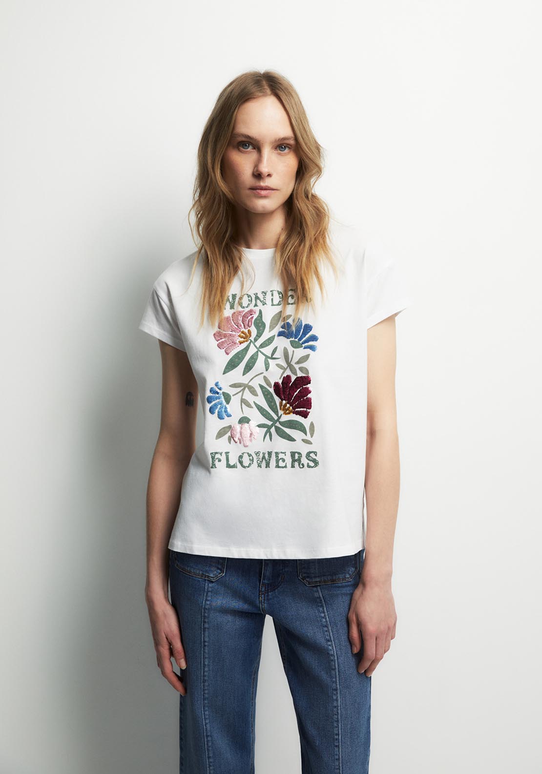 Sequined Flower Print Top - White