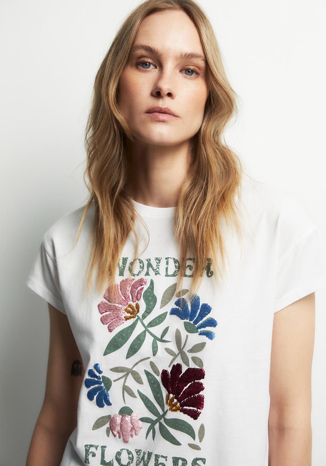 Sequined Flower Print Top - White