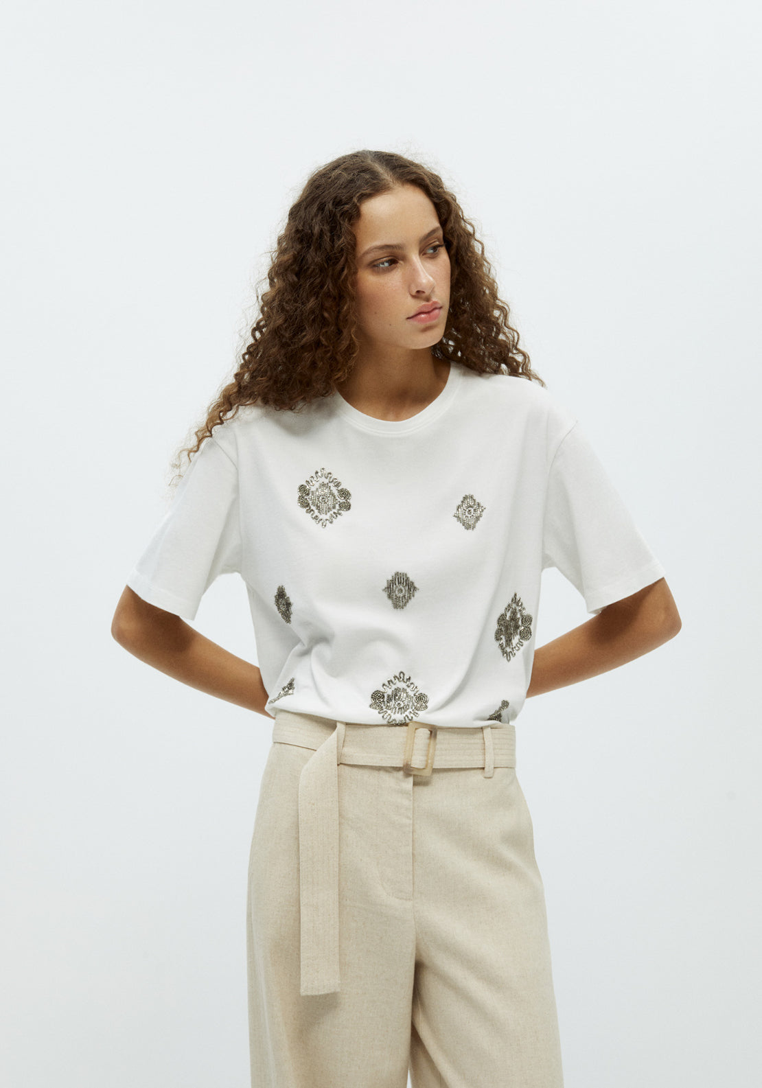 Sparkly Bead Cotton T-Shirt - White
