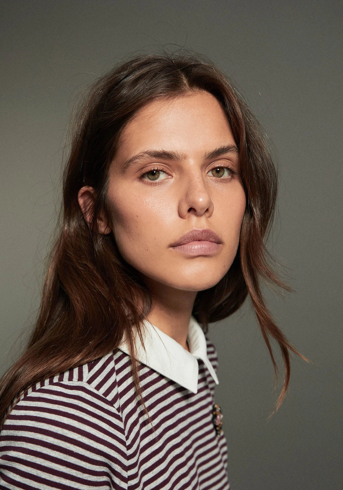 Striped Polo Collar Top - Eggplant