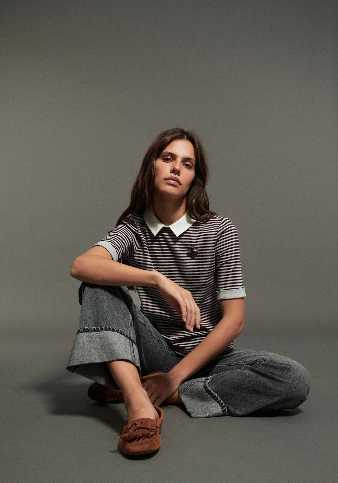 Striped Polo Collar Top - Eggplant