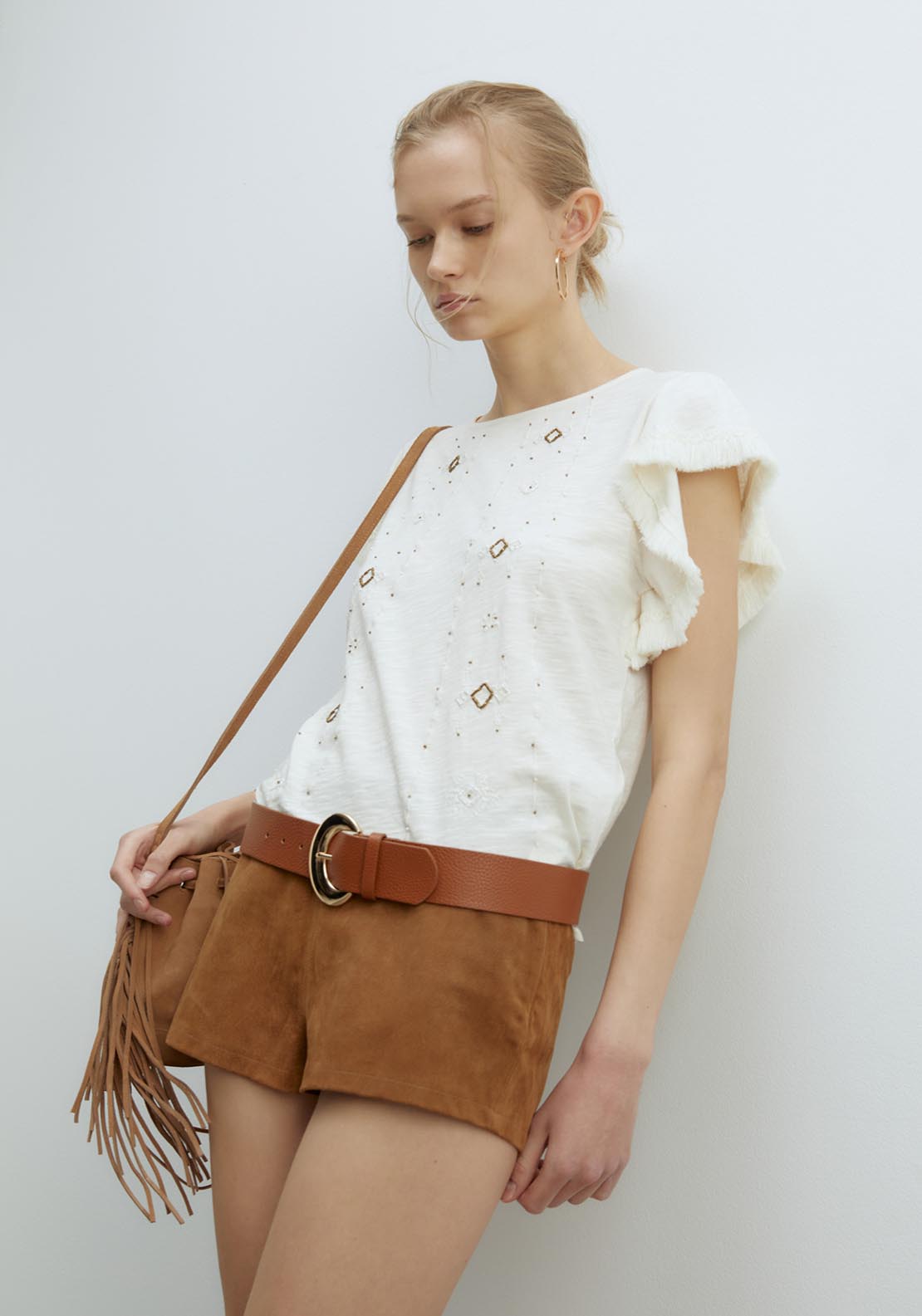 Sfera Fringe Embroidered T-Shirt - White 1 Shaws Department Stores