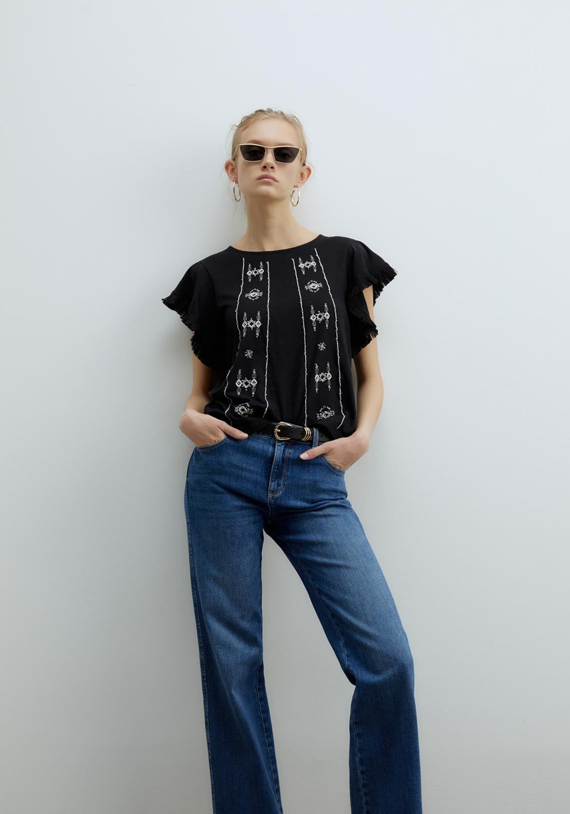 Sfera Fringe Embroidered T-Shirt - Black 1 Shaws Department Stores
