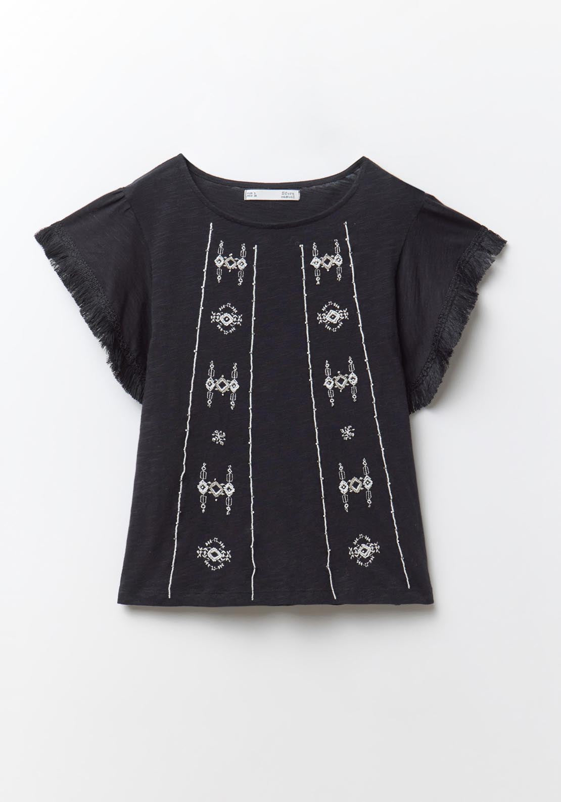 Sfera Fringe Embroidered T-Shirt - Black 6 Shaws Department Stores