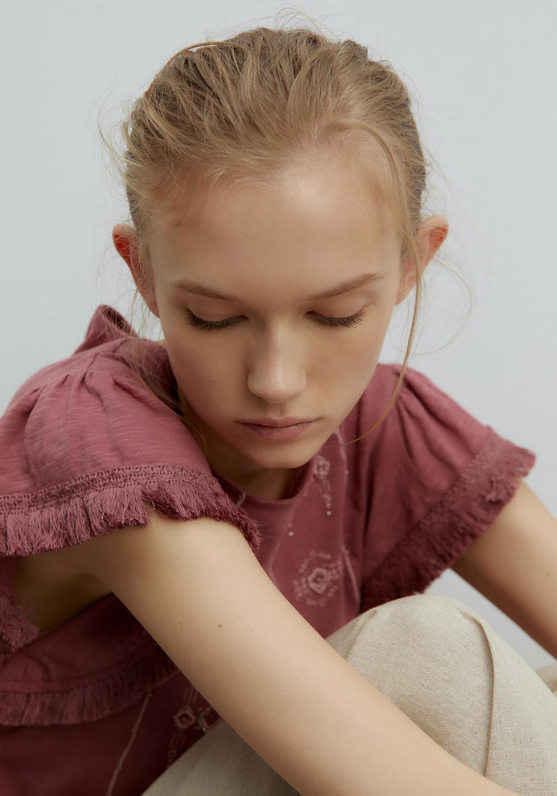 Sfera Fringe Embroidered T-Shirt - Burgundy 4 Shaws Department Stores