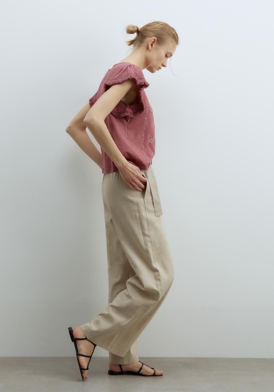 Sfera Fringe Embroidered T-Shirt - Burgundy 3 Shaws Department Stores