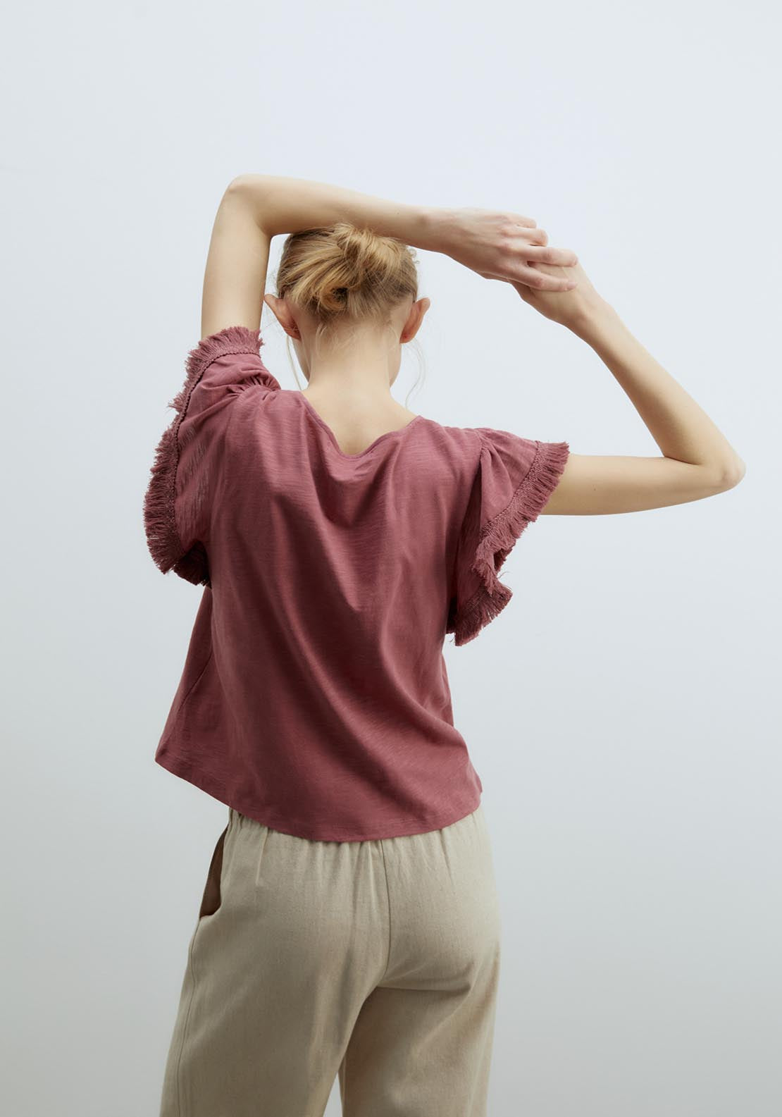 Sfera Fringe Embroidered T-Shirt - Burgundy 2 Shaws Department Stores