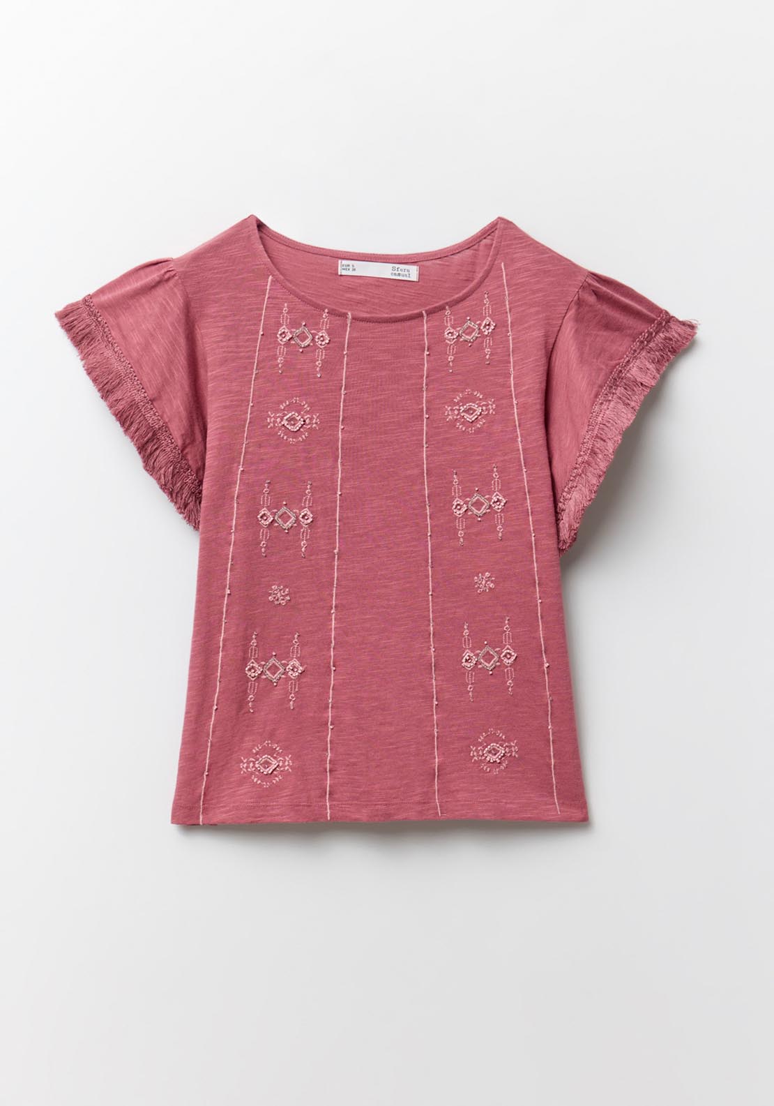 Sfera Fringe Embroidered T-Shirt - Burgundy 6 Shaws Department Stores