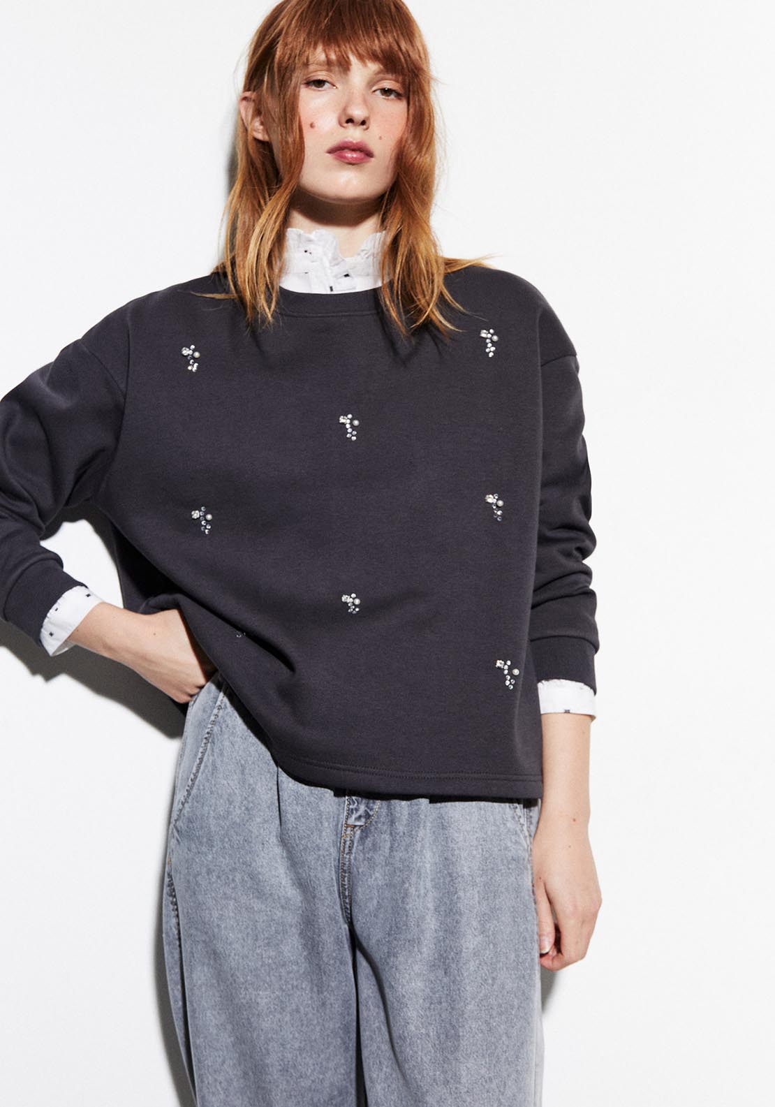 Sfera Mixed-fabric appliqués sweatshirt - Lead 1 Shaws Department Stores