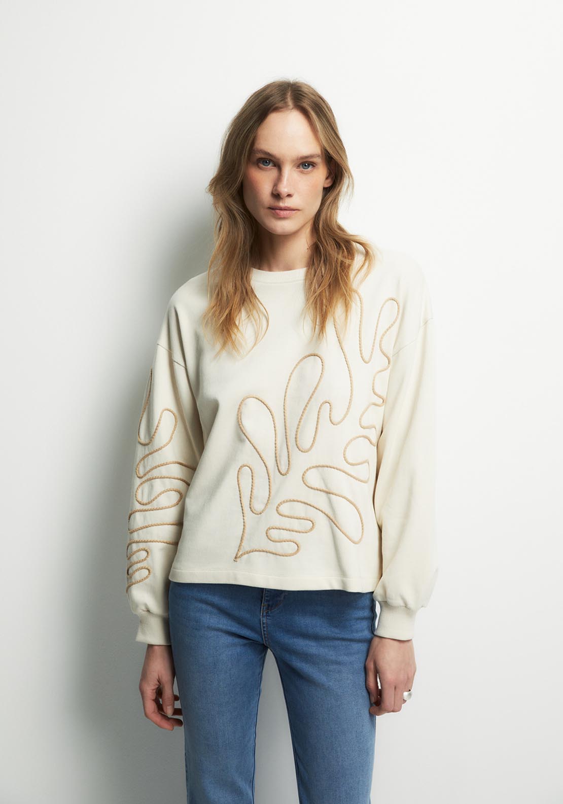 Cord Embroidery Sweatshirt - Beige