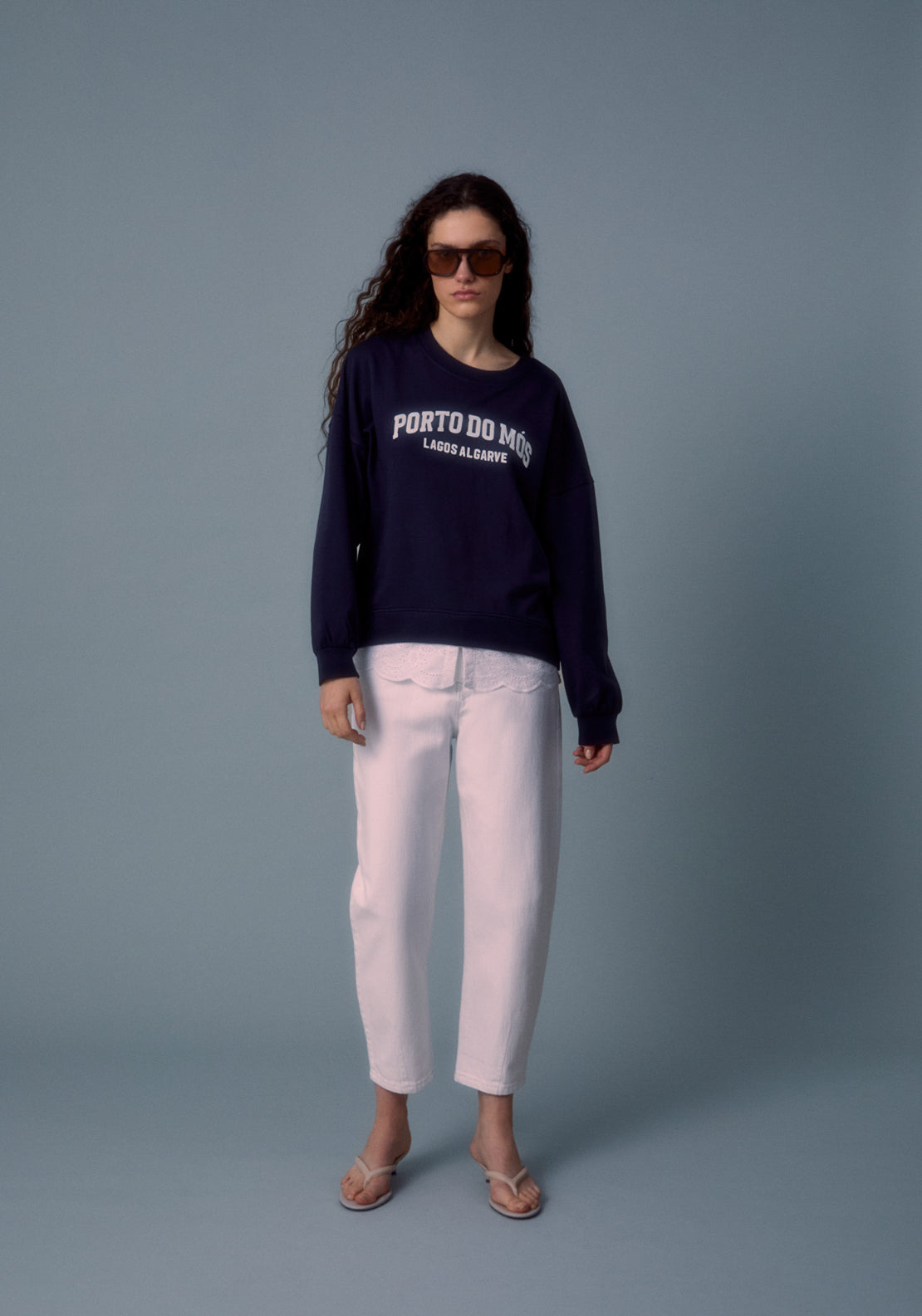 Schiffli Embroidered Peplum Sweatshirt - Blue