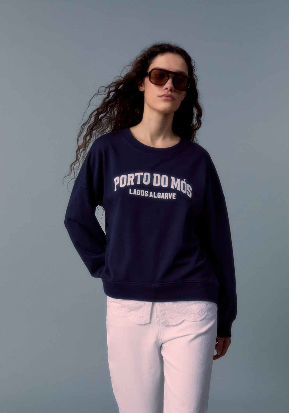 Schiffli Embroidered Peplum Sweatshirt - Blue