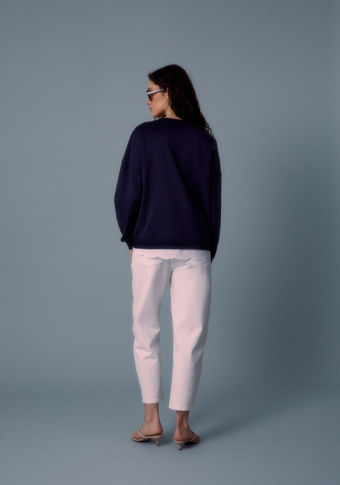 Schiffli Embroidered Peplum Sweatshirt - Blue