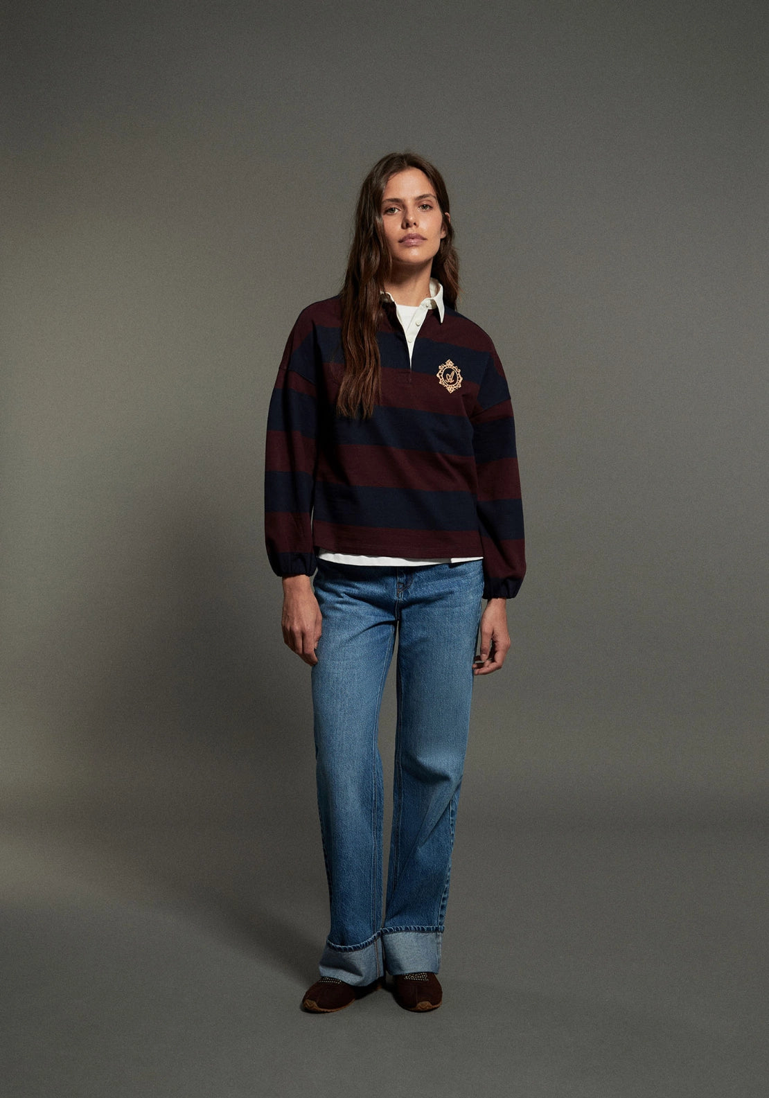 Wide Stripe Polo Collar Sweatshirt - Eggplant